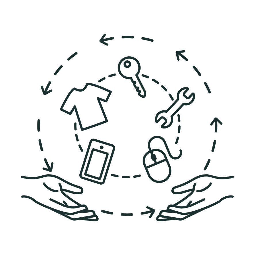 hands passing rotating selection of items between them doodle